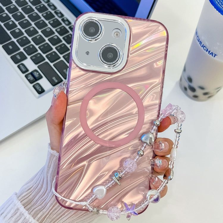 For iPhone 15 Plating Texture Wristband MagSafe TPU Phone Case with Glitter Lens Film