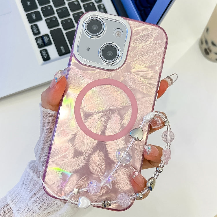 For iPhone 15 Plating Texture Wristband MagSafe TPU Phone Case with Glitter Lens Film