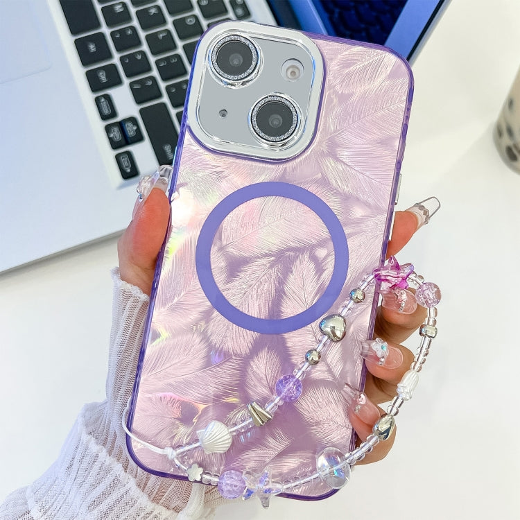 For iPhone 15 Plating Texture Wristband MagSafe TPU Phone Case with Glitter Lens Film