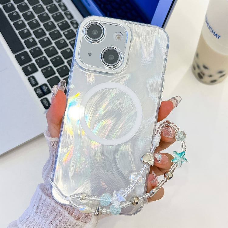 For iPhone 15 Plating Texture Wristband MagSafe TPU Phone Case with Glitter Lens Film