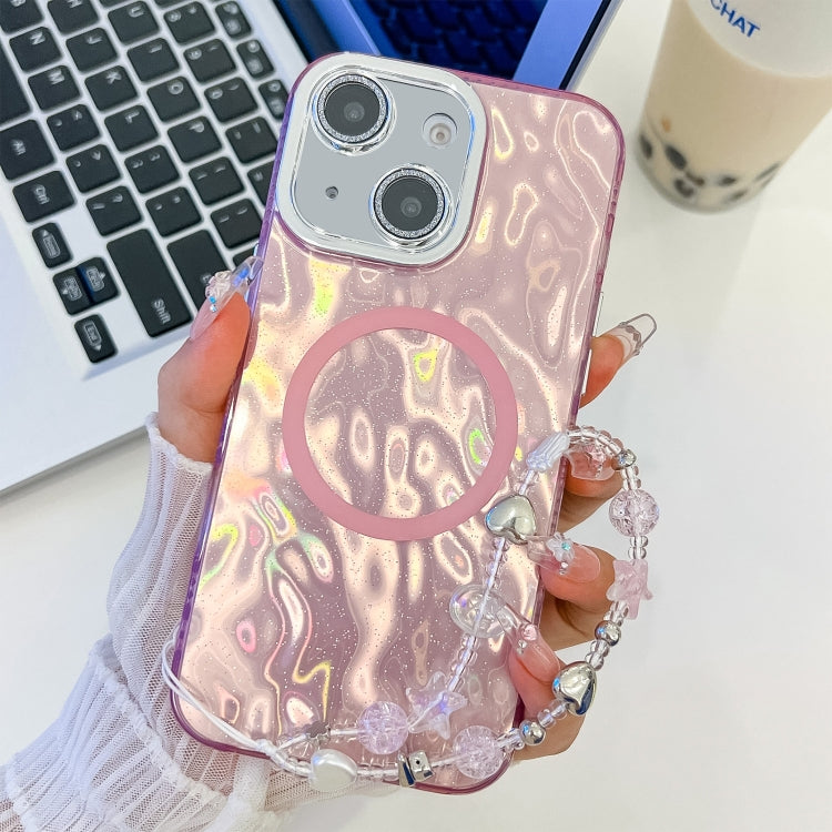 For iPhone 15 Plating Texture Wristband MagSafe TPU Phone Case with Glitter Lens Film