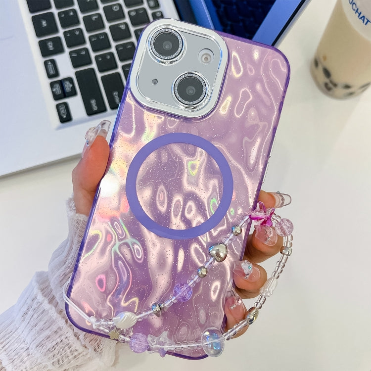 For iPhone 15 Plating Texture Wristband MagSafe TPU Phone Case with Glitter Lens Film