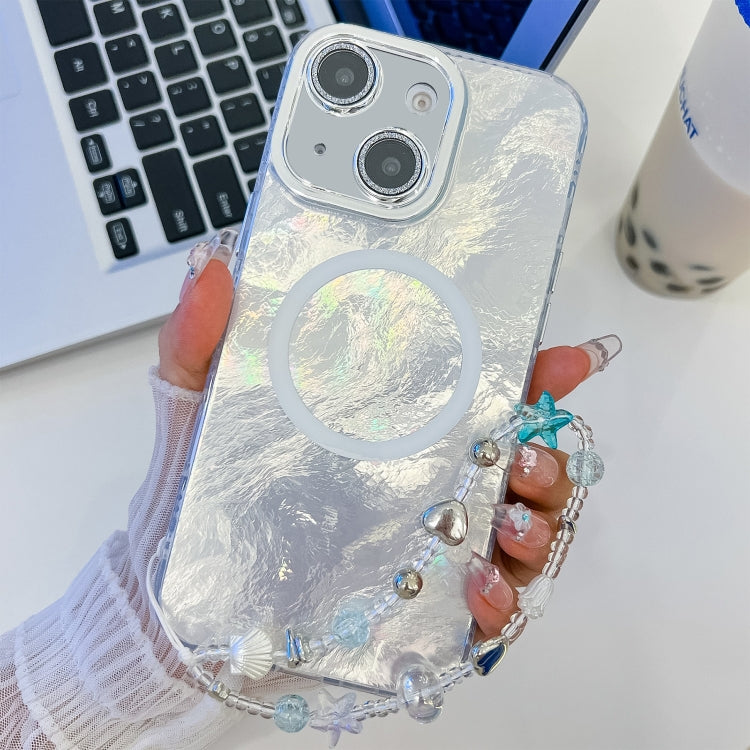 For iPhone 15 Plating Texture Wristband MagSafe TPU Phone Case with Glitter Lens Film