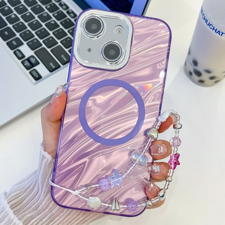 For iPhone 14 Plating Texture Wristband MagSafe TPU Phone Case with Glitter Lens Film