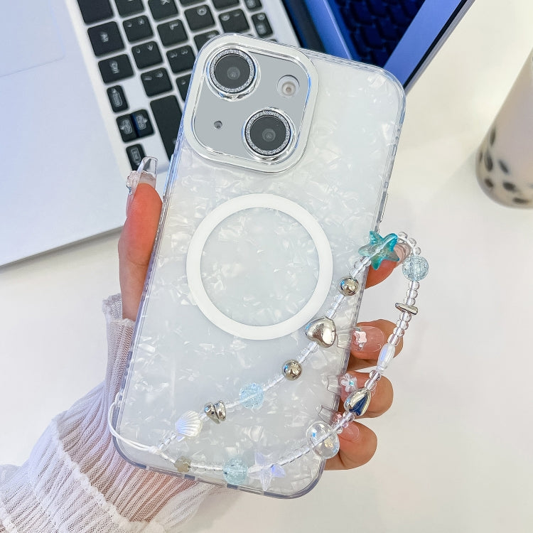 For iPhone 14 Plating Texture Wristband MagSafe TPU Phone Case with Glitter Lens Film