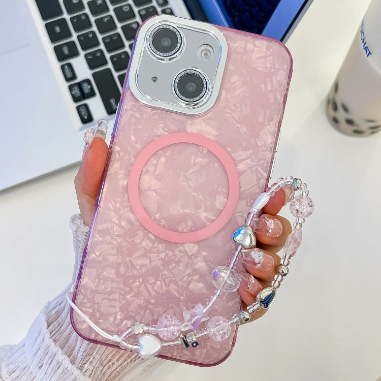 For iPhone 14 Plating Texture Wristband MagSafe TPU Phone Case with Glitter Lens Film