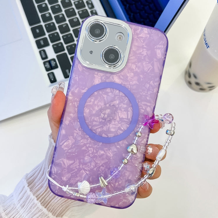For iPhone 14 Plating Texture Wristband MagSafe TPU Phone Case with Glitter Lens Film
