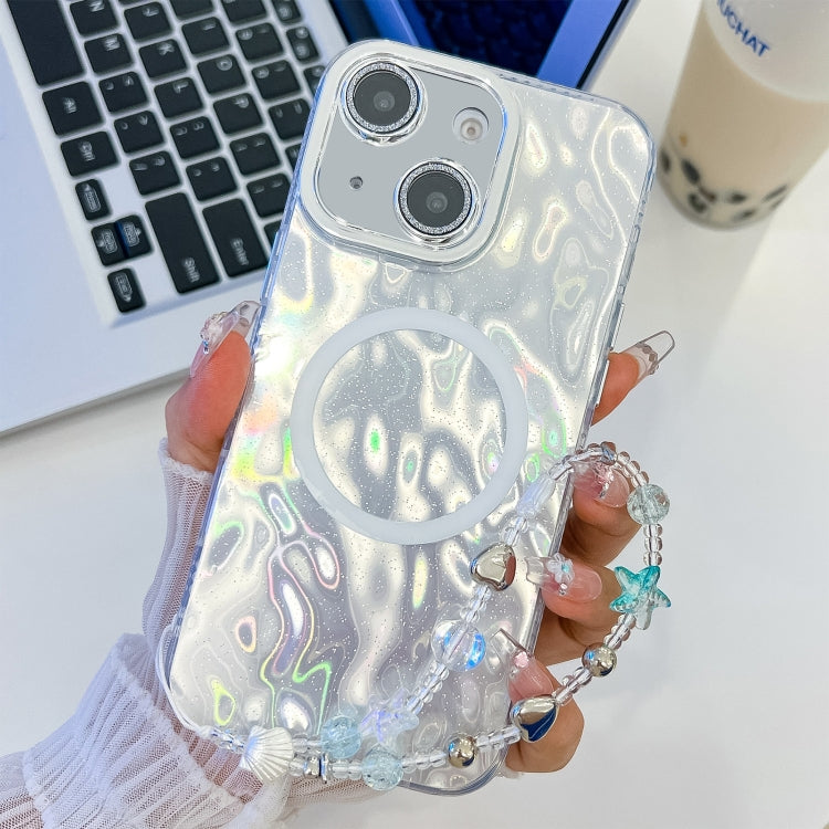 For iPhone 14 Plating Texture Wristband MagSafe TPU Phone Case with Glitter Lens Film