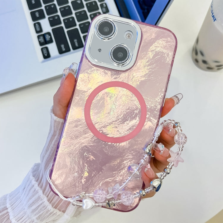 For iPhone 14 Plating Texture Wristband MagSafe TPU Phone Case with Glitter Lens Film