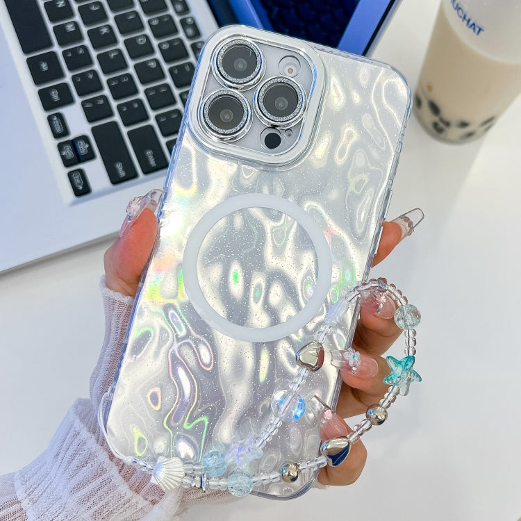 For iPhone 13 Pro Max Plating Texture Wristband MagSafe TPU Phone Case with Glitter Lens Film
