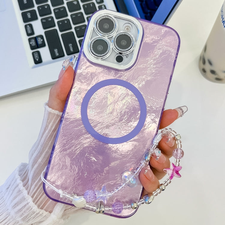 For iPhone 13 Pro Max Plating Texture Wristband MagSafe TPU Phone Case with Glitter Lens Film