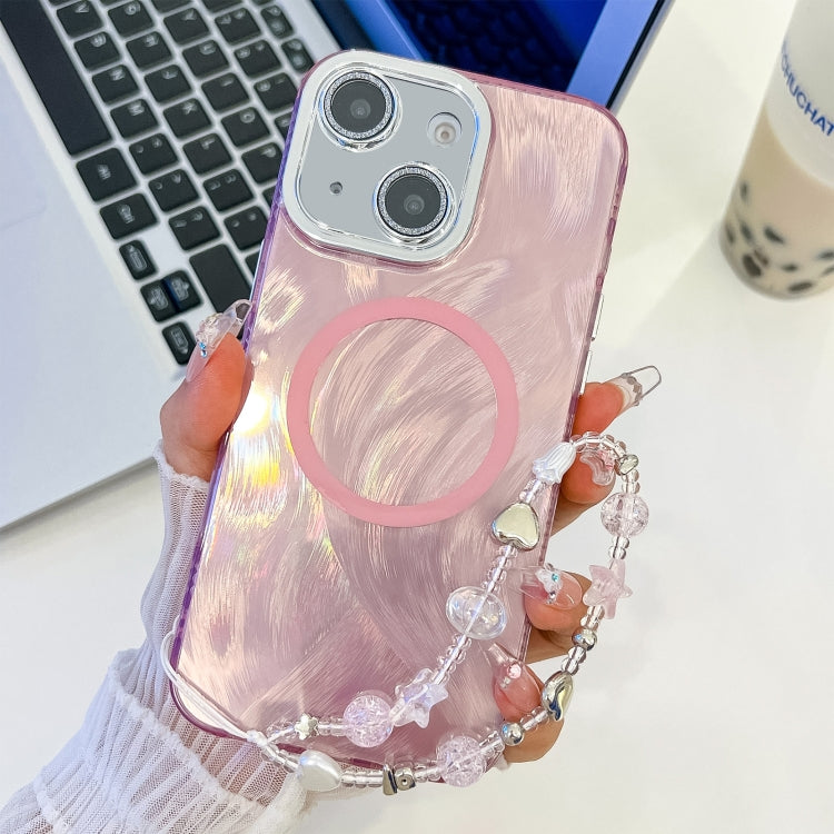 For iPhone 13 Plating Texture Wristband MagSafe TPU Phone Case with Glitter Lens Film