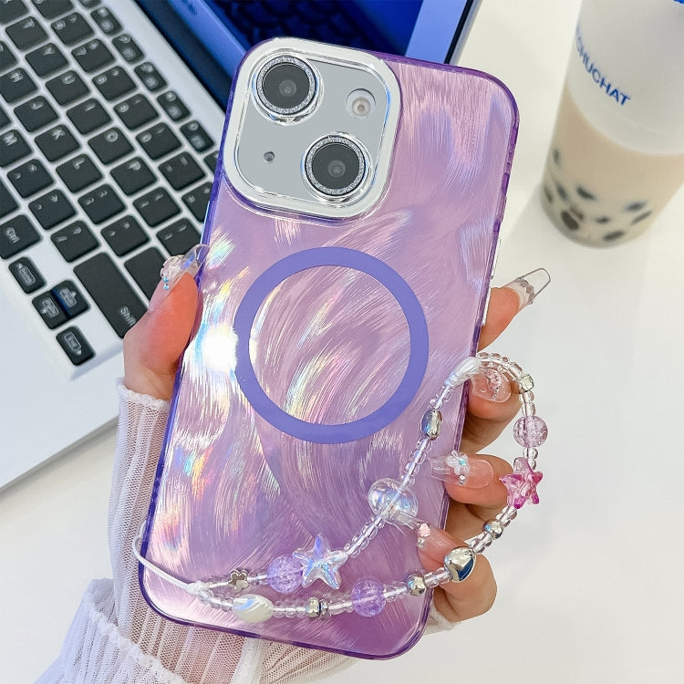 For iPhone 13 Plating Texture Wristband MagSafe TPU Phone Case with Glitter Lens Film