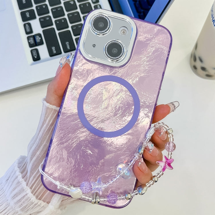 For iPhone 13 Plating Texture Wristband MagSafe TPU Phone Case with Glitter Lens Film
