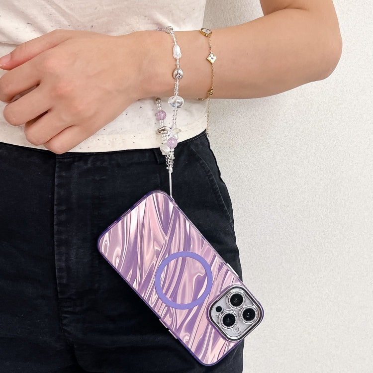 For iPhone 16 Pro Max Plating Texture Wristband MagSafe TPU Phone Case with Glitter Lens Film