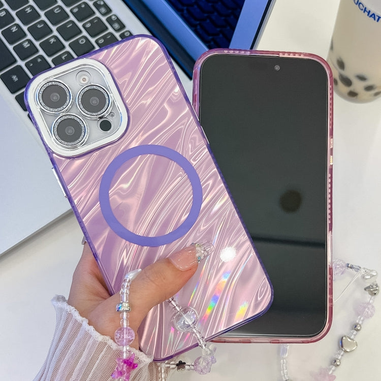 For iPhone 15 Pro Max Plating Texture Wristband MagSafe TPU Phone Case with Glitter Lens Film