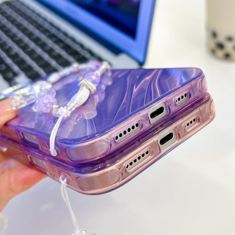For iPhone 14 Plating Texture Wristband MagSafe TPU Phone Case with Glitter Lens Film