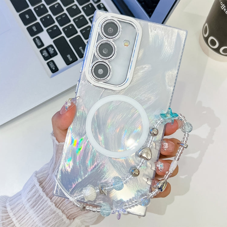 For Samsung Galaxy S24 FE 5G Plating Texture Wristband MagSafe TPU Phone Case with Glitter Lens Film