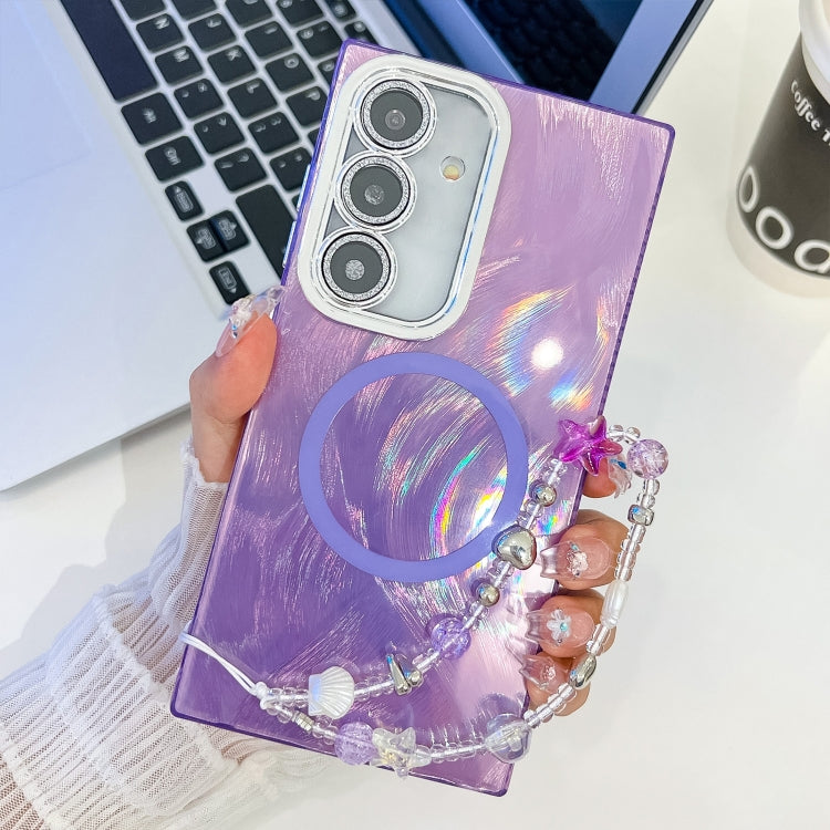 For Samsung Galaxy S24 FE 5G Plating Texture Wristband MagSafe TPU Phone Case with Glitter Lens Film
