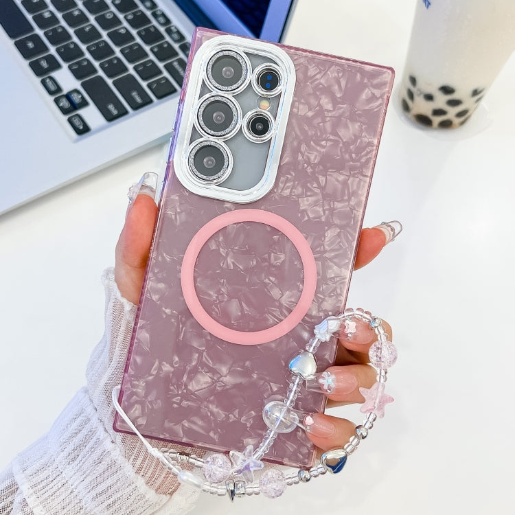 For Samsung Galaxy S24 Ultra 5G Plating Texture Wristband MagSafe TPU Phone Case with Glitter Lens Film