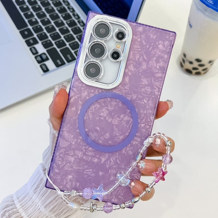 For Samsung Galaxy S24 Ultra 5G Plating Texture Wristband MagSafe TPU Phone Case with Glitter Lens Film