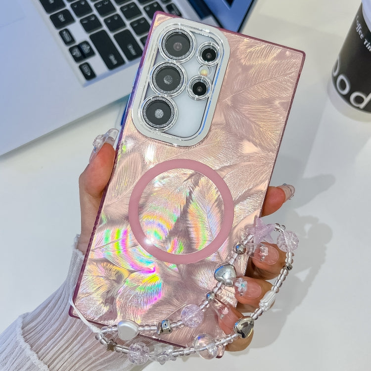For Samsung Galaxy S24 Ultra 5G Plating Texture Wristband MagSafe TPU Phone Case with Glitter Lens Film