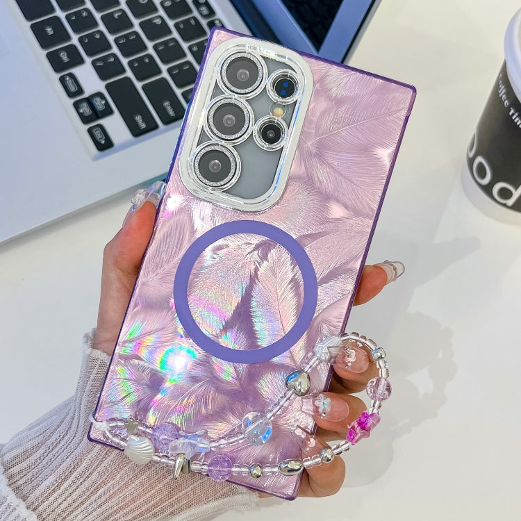 For Samsung Galaxy S24 Ultra 5G Plating Texture Wristband MagSafe TPU Phone Case with Glitter Lens Film