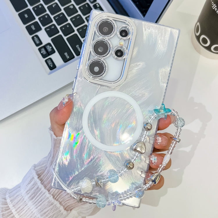 For Samsung Galaxy S24 Ultra 5G Plating Texture Wristband MagSafe TPU Phone Case with Glitter Lens Film