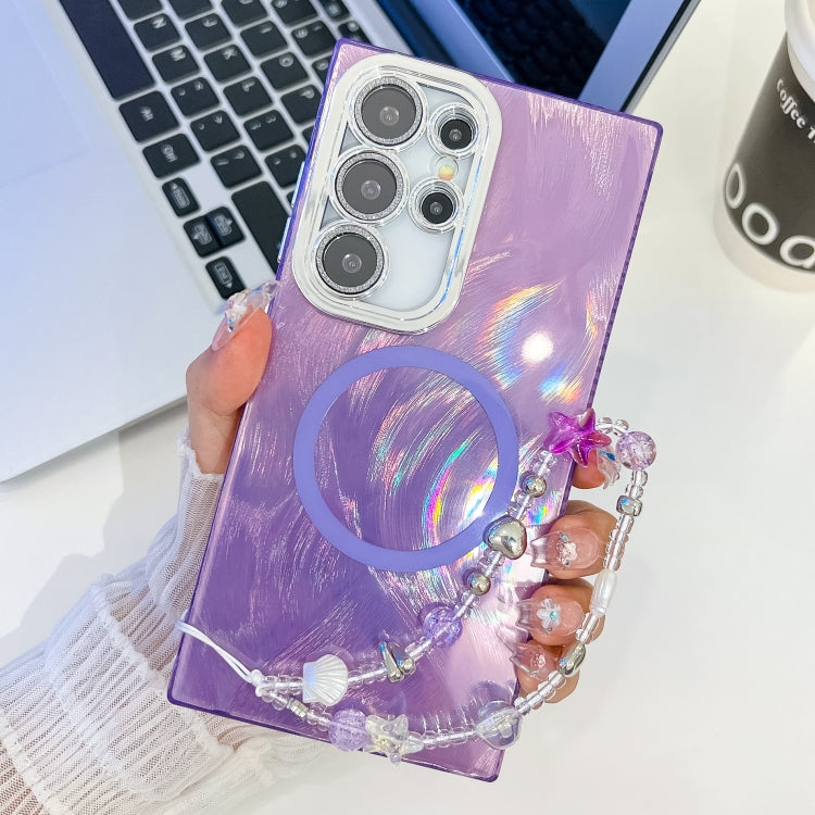 For Samsung Galaxy S24 Ultra 5G Plating Texture Wristband MagSafe TPU Phone Case with Glitter Lens Film