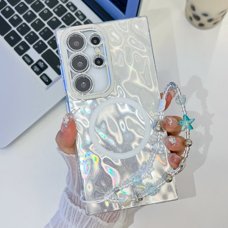 For Samsung Galaxy S24 Ultra 5G Plating Texture Wristband MagSafe TPU Phone Case with Glitter Lens Film