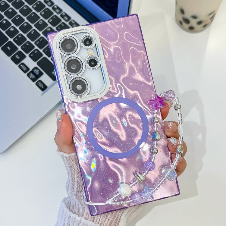 For Samsung Galaxy S24 Ultra 5G Plating Texture Wristband MagSafe TPU Phone Case with Glitter Lens Film