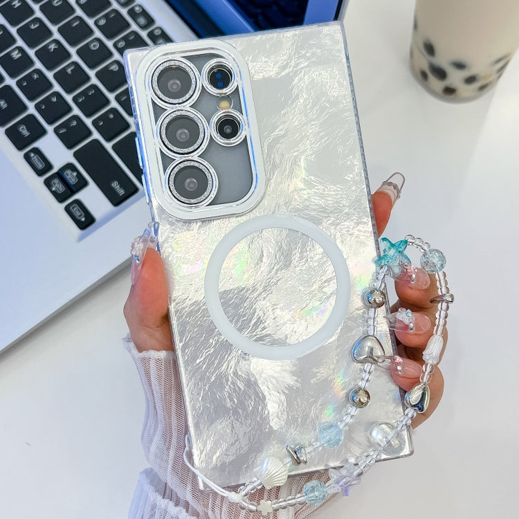For Samsung Galaxy S24 Ultra 5G Plating Texture Wristband MagSafe TPU Phone Case with Glitter Lens Film