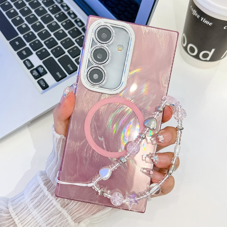 For Samsung Galaxy S24+ 5G Plating Texture Wristband MagSafe TPU Phone Case with Glitter Lens Film