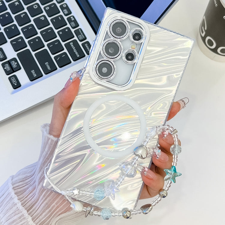 For Samsung Galaxy S23 Ultra 5G Plating Texture Wristband MagSafe TPU Phone Case with Glitter Lens Film