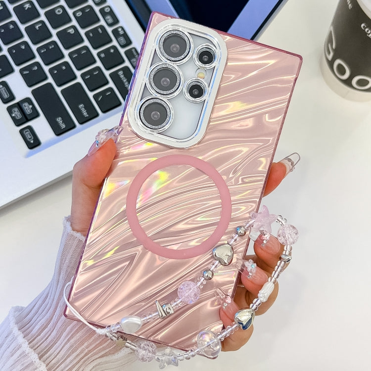 For Samsung Galaxy S23 Ultra 5G Plating Texture Wristband MagSafe TPU Phone Case with Glitter Lens Film