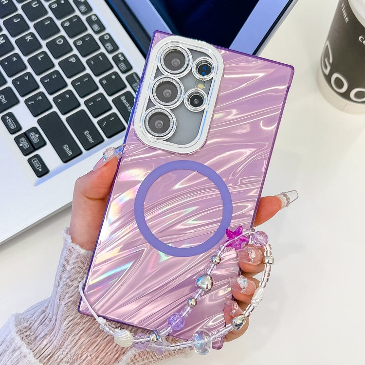 For Samsung Galaxy S23 Ultra 5G Plating Texture Wristband MagSafe TPU Phone Case with Glitter Lens Film