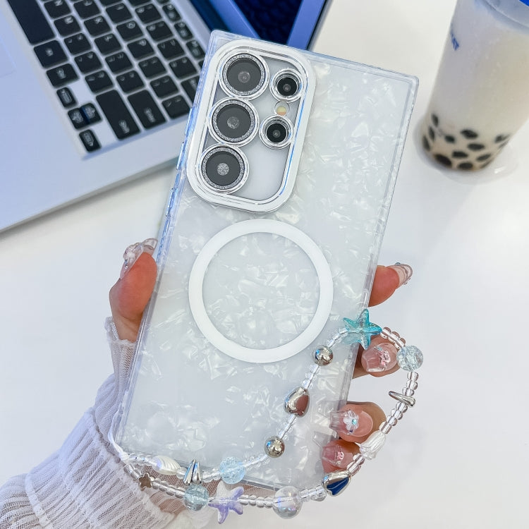 For Samsung Galaxy S23 Ultra 5G Plating Texture Wristband MagSafe TPU Phone Case with Glitter Lens Film