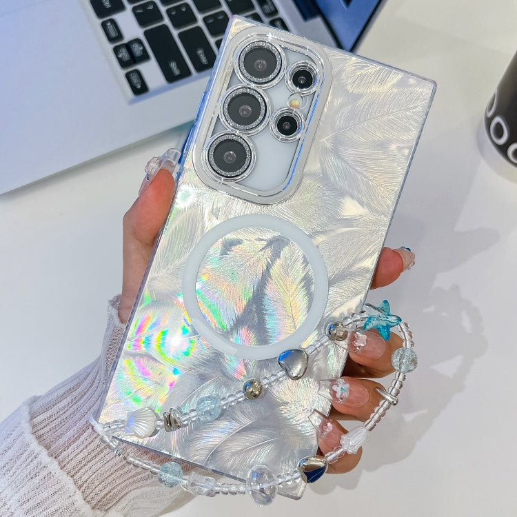 For Samsung Galaxy S23 Ultra 5G Plating Texture Wristband MagSafe TPU Phone Case with Glitter Lens Film