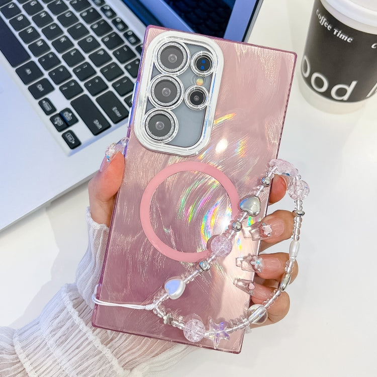 For Samsung Galaxy S23 Ultra 5G Plating Texture Wristband MagSafe TPU Phone Case with Glitter Lens Film
