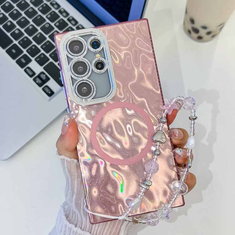 For Samsung Galaxy S23 Ultra 5G Plating Texture Wristband MagSafe TPU Phone Case with Glitter Lens Film