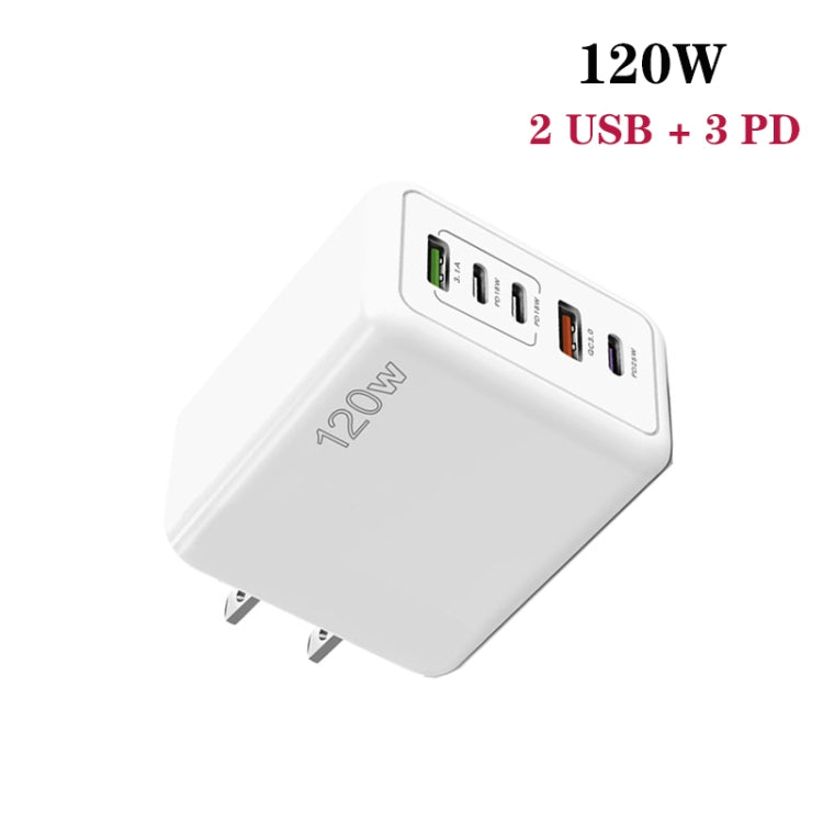 120W PD3.0 3 Type-C 2 USB Multi Port Quick Charger with Type-C to Type-C Cable, US Plug