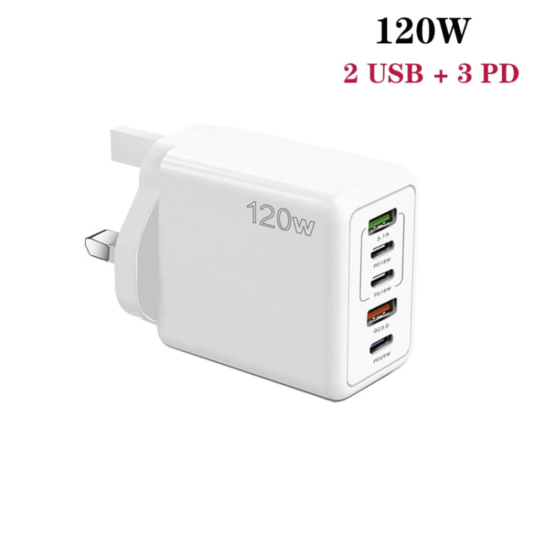 120W PD3.0 3 Type-C 2 USB Multi Port Quick Charger with Type-C to Type-C Cable, UK Plug