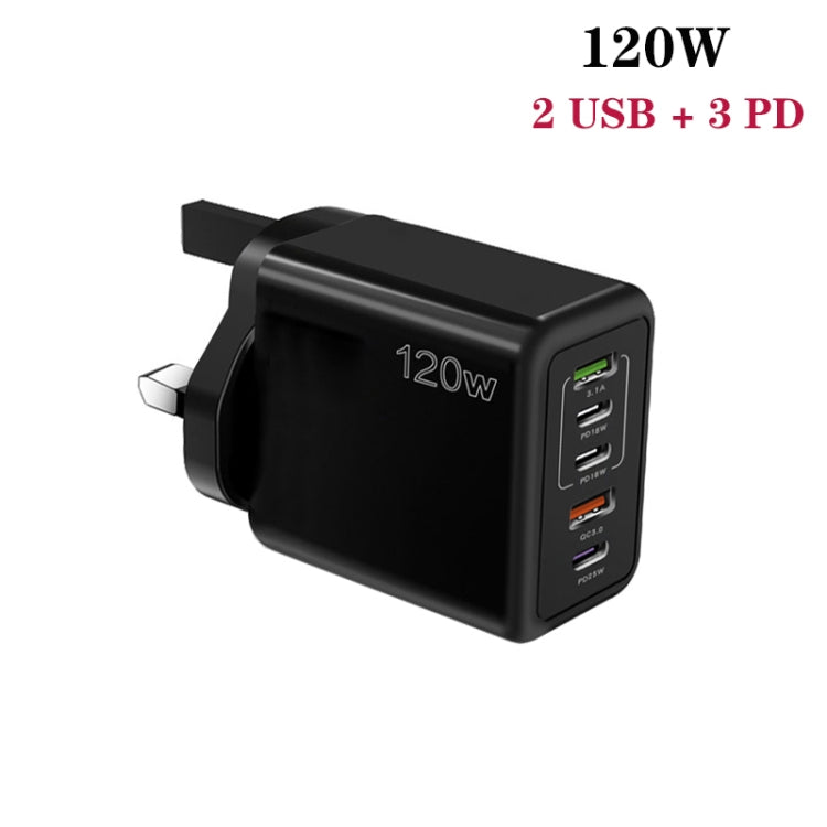 120W PD3.0 3 Type-C 2 USB Multi Port Quick Charger with Type-C to Type-C Cable, UK Plug