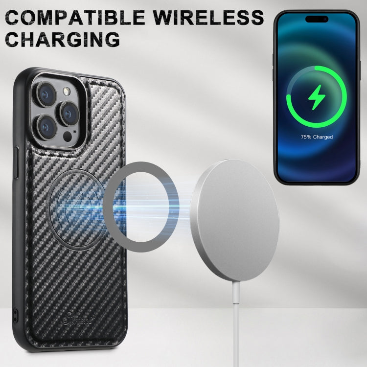 For iPhone 16 Plus Suteni TXWH18 Carbon Fiber Texture Detachable Wallet MagSafe Phone Case - Black