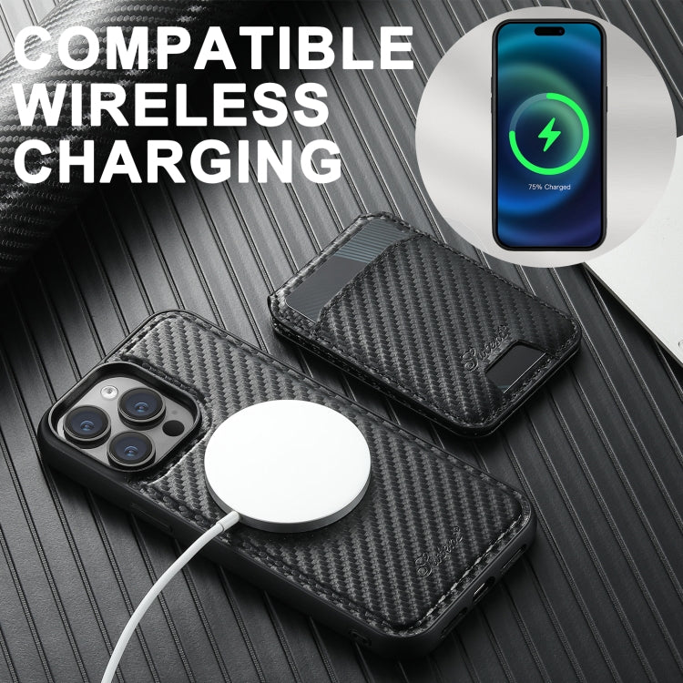 For iPhone 16 Plus Suteni TXWH18 Carbon Fiber Texture Detachable Wallet MagSafe Phone Case - Black