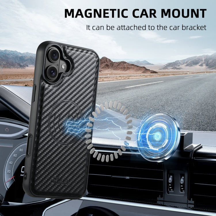 For iPhone 16 Suteni TXWH18 Carbon Fiber Texture Detachable Wallet MagSafe Phone Case - Black