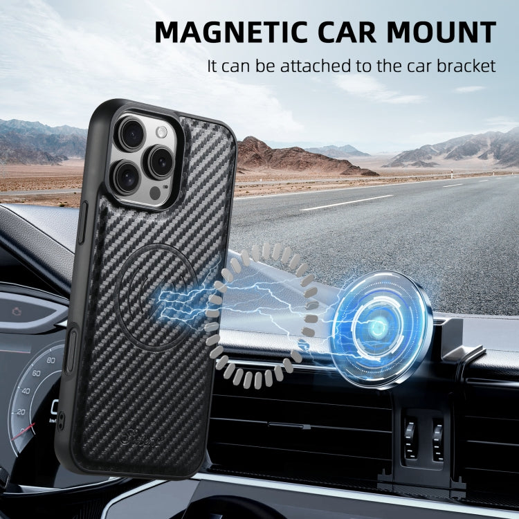 For iPhone 15 Pro Max Suteni TXWH18 Carbon Fiber Texture Detachable Wallet MagSafe Phone Case - Black