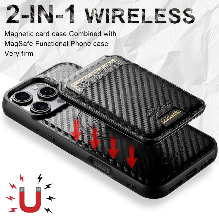 For iPhone 14 Pro Max Suteni TXWH18 Carbon Fiber Texture Detachable Wallet MagSafe Phone Case - Black