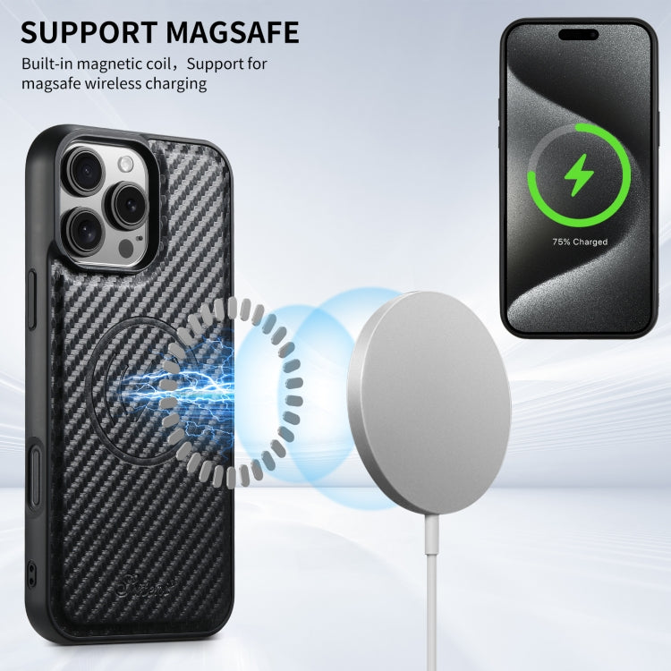 For iPhone 14 Plus Suteni TXWH18 Carbon Fiber Texture Detachable Wallet MagSafe Phone Case - Black