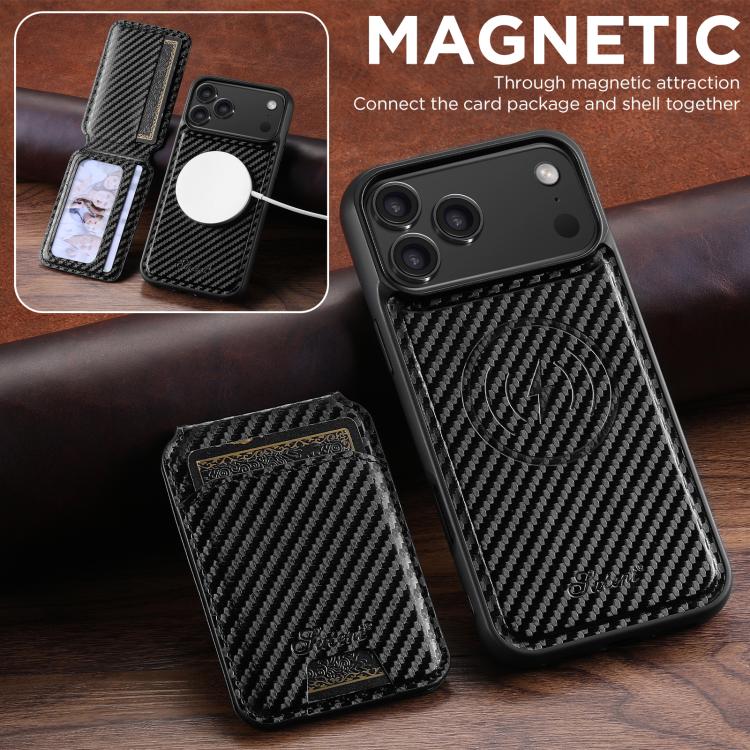 For iPhone 17 Pro Suteni TXWH18 Carbon Fiber Texture Detachable Wallet MagSafe Phone Case - Black